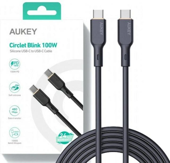 Actual product image Aukey USB-C Cable in Silicone, 100W, 1m - Black (1 m, USB 3.2 Gen 1, 100 W)