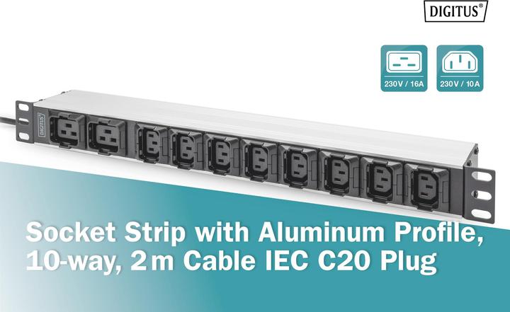 Actual product image Digitus Socket Strip with Aluminum Profile, 10-way, 2 m cable IEC C20 plug