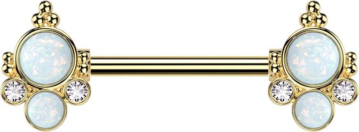 Image du produit Star Piercing Barbell doré avec deux opales blanches deux cristaux argentés (Laiton, Acier chirurgical 316L)