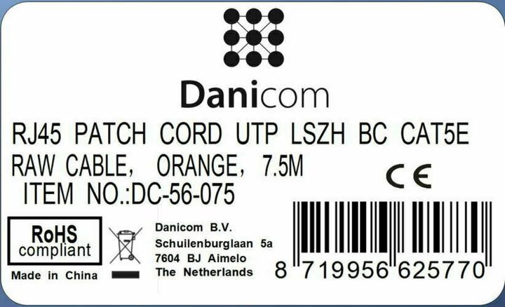 Produktbild Dsit CAT5e Netzwerkkabel, U/UTP, 7 meter, Orange, 100% Kupfer (U/UTP, UTP, CAT5e, 7.50 m)