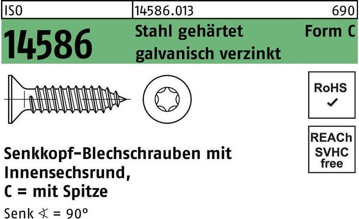 Produktbild Senkblechschraube ISO 14586 m.Innensechsrund/Spitze 6,3x 22 -C Stahl gehärtet galvanisch verzinkt (500 Schrauben pro Stück)
