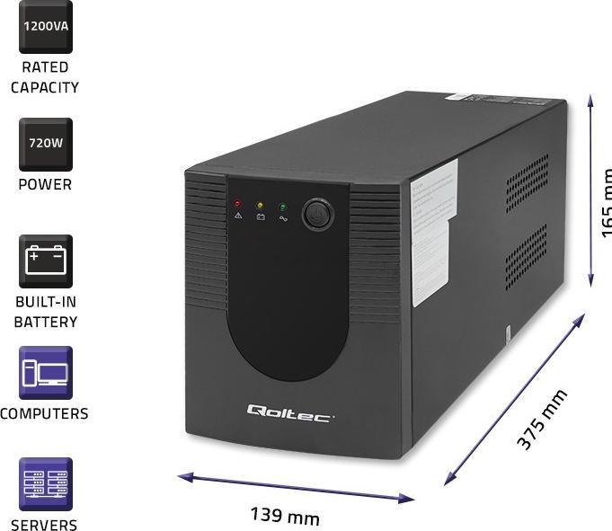 Produktbild Qoltec Zasilacz awaryjny UPS | Monolith | 1200VA | 720W (1200 VA, 720 W, Line-Interaktiv USV)