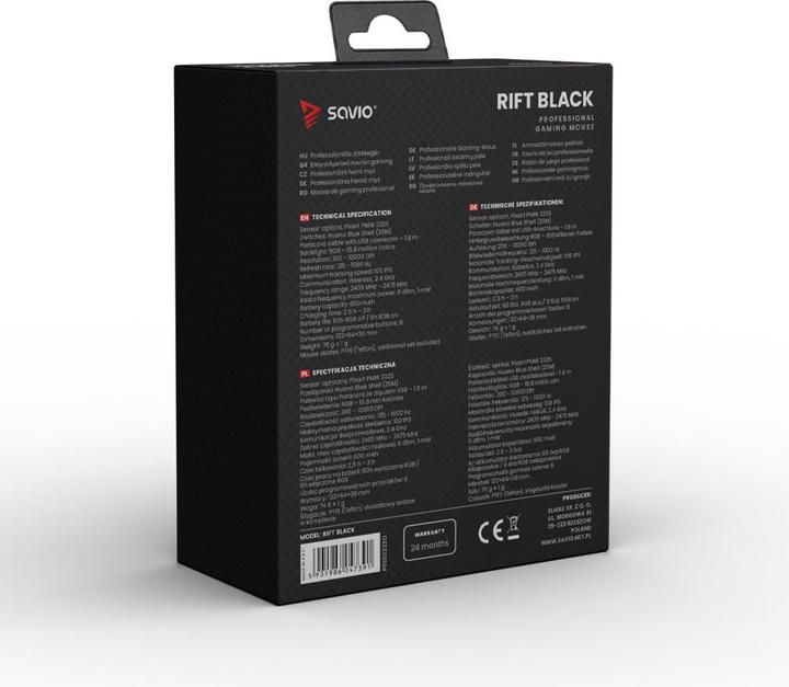 Produktbild Savio RIFT BLACK Gaming-Maus RGB Dual Mode (Kabelgebunden, Kabellos)