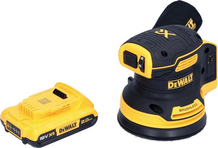 1x levigatrice rotorbitale a batteria DeWalt DCW 210, 1x batteria Dewalt DCB 183 18 V 2.0 Ah