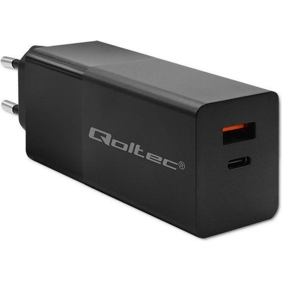 Qoltec Ładowarka GaN POWER PRO 1xUSB-C 1xUSB 100W 5-20V 1.5-3.35A PD Czarna (100 W), USB Ladegerät, Schwarz