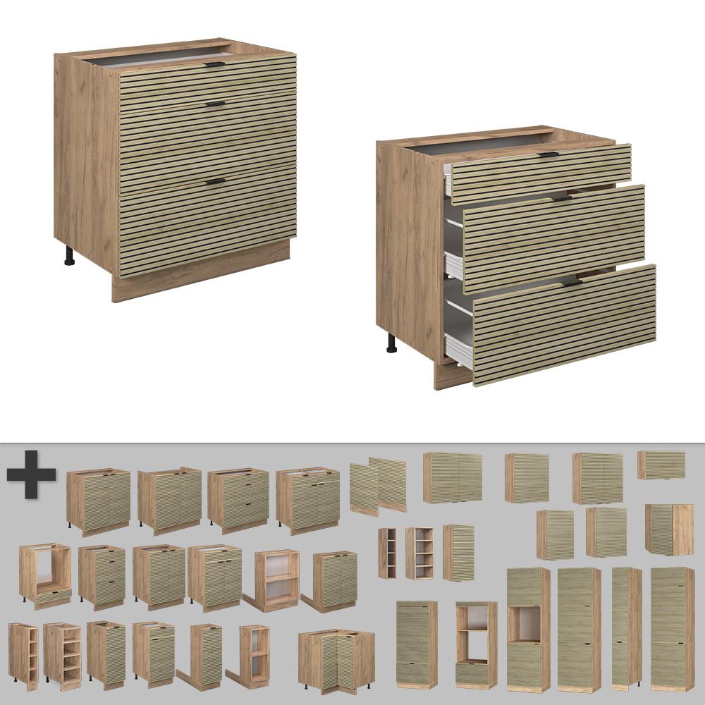 Vicco, Regal, Küchenunterschrank Fame-Line, Eiche Paneel/Goldkraft Eiche, 80 cm mit 3 Schubladen, ohne Arbeitsplat