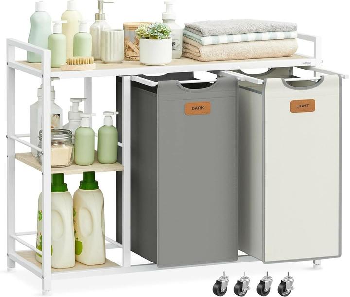 Vasagle Wäschekorb mit 2 Fächern 100 l, Beige/Grau/Weiss (100 l)