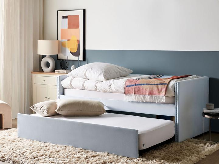 Actual product image Beliani Daybed extendable velvet fabric light blue slatted frame 90 x 200 cm TROYES (90 x 200 cm)