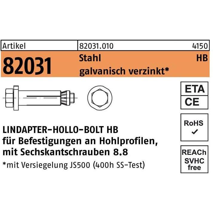 Lindapter, Dübel, Hohlraumdübel R 82031 m.6-kantschraube HB 08-3 ( 90/60) 8.8 galvanisch verzinkt (1 Stk.)