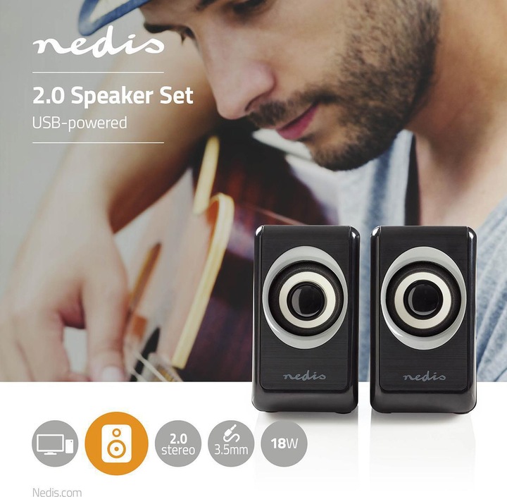 Image du produit Nedis Haut-parleur PC 2.0 18 W Connexions - Entrée : USB A mâle / 1x 3.5 mm Alimentation par