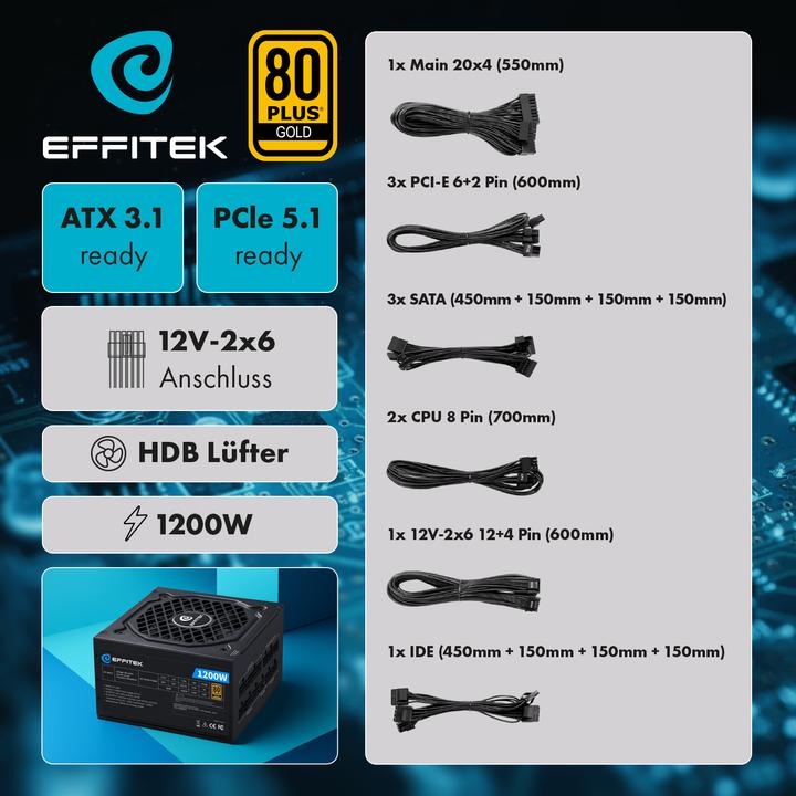 Produktbild Effitek Netzteil 1200W Gold ATX 3.1, PCI 5.1 Modularer Kabel (1200 W)