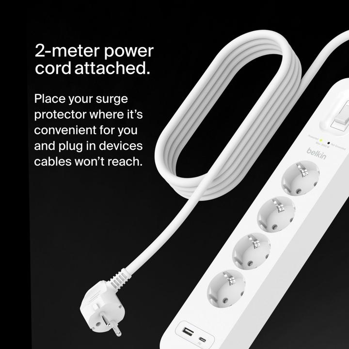Produktbild Belkin Surgemaster Überspannungsschutz (4 x, CEE 7/3, USB-C, USB-A, 2 m)