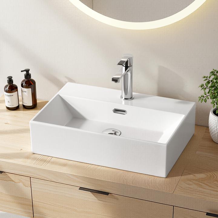 Produktbild Emke Aufsatzwaschbecken Keramik Waschbecken Eckiger Hängewaschbecken Waschtisch, Modernes Design für (360 mm, 600 mm)