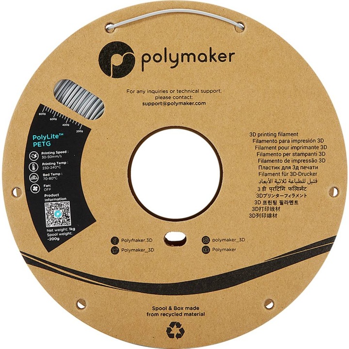 Produktbild Polymaker PolyLite PETG V2 - Grey - 1.75mm (PETG, 1.75 mm, 1000 g, Grau)