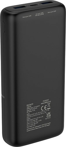 Immagine prodotto Deltaco Powerbank con ricarica rapida, 3 porte, 2x USB-A 18W, 1x USB-C PD 20W, 20.000 mAh nero (20000 mAh, 20 W)