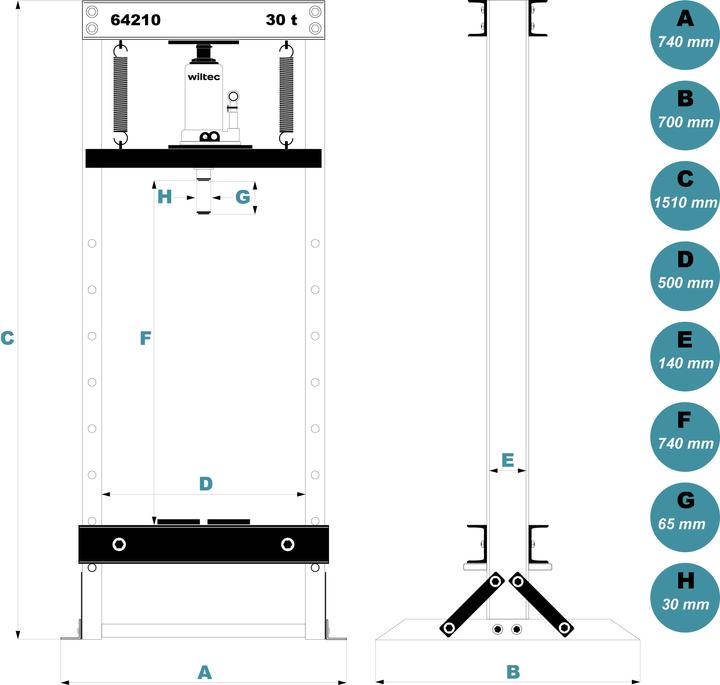 Image du produit Wiltec Presse hydraulique 30T noire 500mm Presse d'atelier Presse à cadre Presse à mandrin