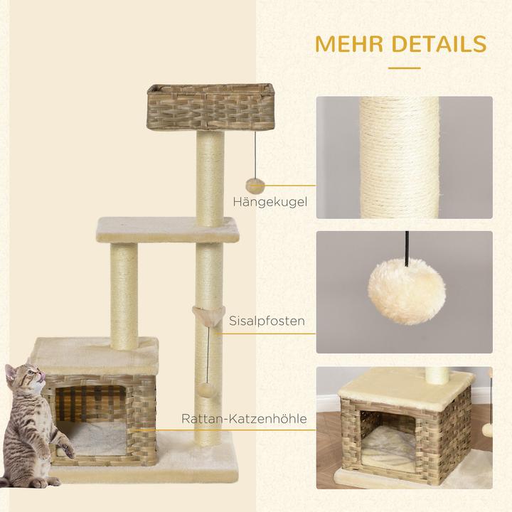 Actual product image PawHut Cat tree with rattan cave (109 cm, Brown, Beige)