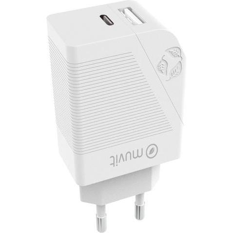 Muvit PER CAMBIARE IL CHARGEUR SECTEUR PD 20W + QC 3.0 18W BLANC (38 W, 1 porzione), Caricatore USB, Bianco