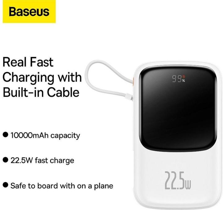 Actual product image Baseus Powerbank Qpow Pro with USB-C cable, USB-C, USB, 10000mAh, 22.5W (white) (10000 mAh, 22.50 W, 37 Wh)