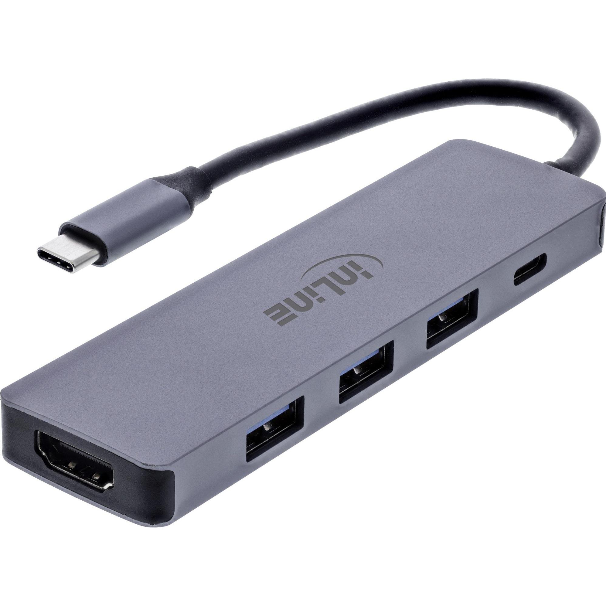 InLine  Multifunktions-Hub, 3x USB-A 5 Gb/s, HDMI 4K/60 Hz, USB-C PD 100 W (USB-C, 3 porte), Docking station + Hub USB, Grigio