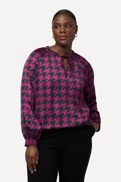 Produktbild Ulla Popken Satinbluse, Hahnentrittmuster, Boxy, Rundhals, Langarm (50, 52)