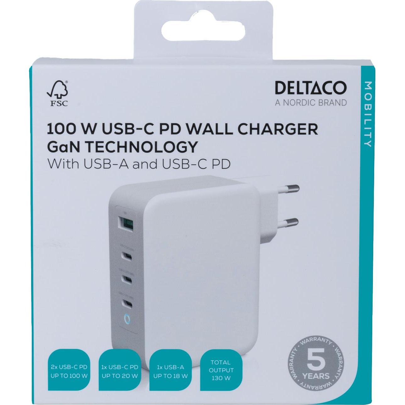 Deltaco USBC-GAN04 (130 W, 4 Porte), Caricatore Usb, Bianco