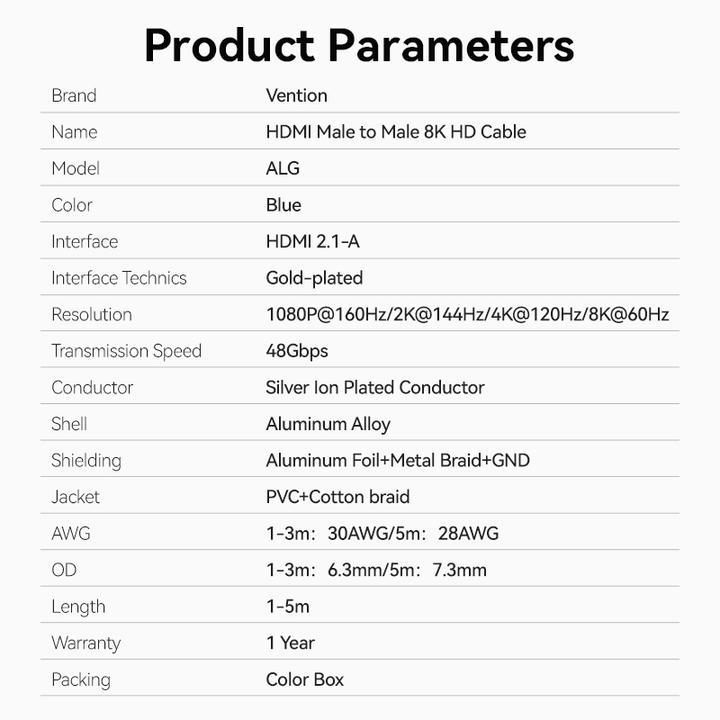 Nährwerte und Zutaten Vention HDMI-A 8K Cable 5m ALGLJ (Blue) (5 m)