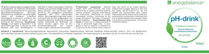 Nährwerte und Zutaten Energybalance pH-drink (1 Stück, Pulver, 210 g)