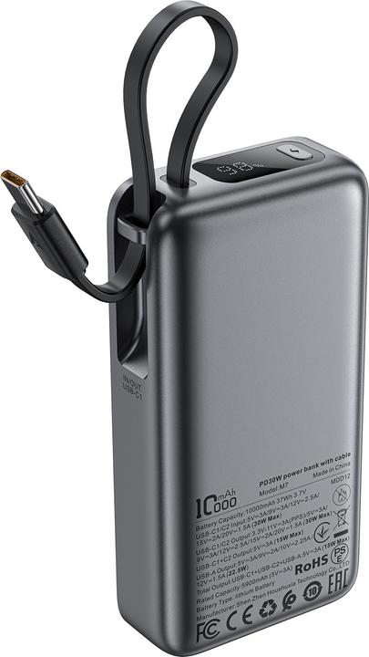 Actual product image Acefast M7-10000 PD30W Powerbank with Built-in Cable - Black (10000 mAh, 30 W, 37 Wh)