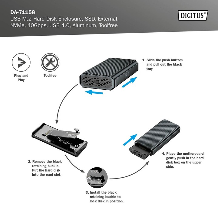 Produktbild Digitus USB M.2 Festplattengehäuse, SDD, extern, NVMe, 40Gbps, USB 4.0, Aluminium, toolfree (M.2)
