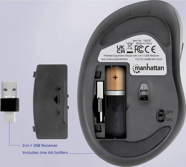 Actual product image Manhattan Ergonomic wireless mouse with 2-in-1 USB receiver (Wireless)