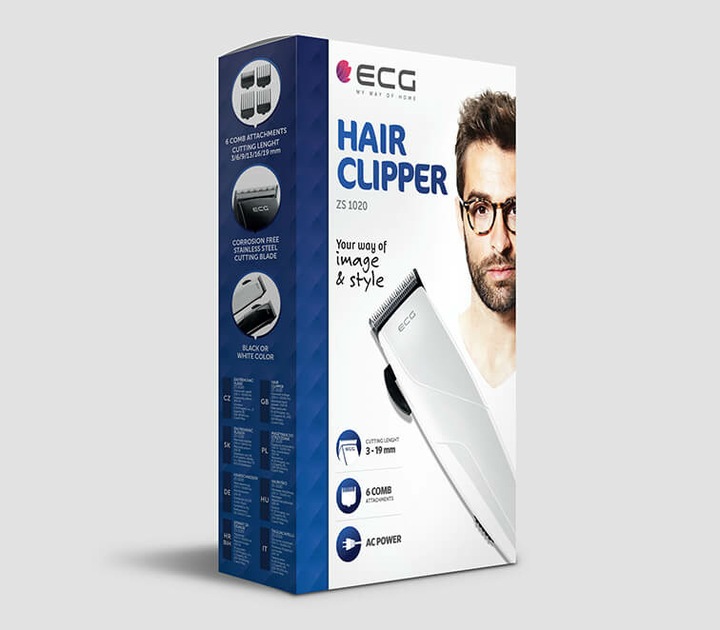 Actual product image ECG ZS 1020 Baltas hair clipper with cable, Nerūdijantis plienas fixed and movable blades, 6 comb