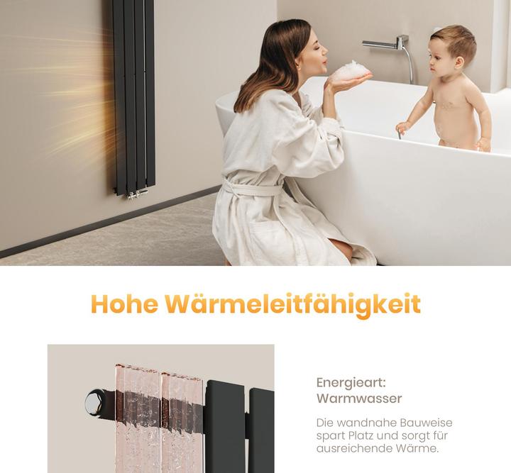Produktbild Emke Heizkörper, Flachheizkörper mit Zentralanschluss, Schwarz 180x30cm 627W Einlagig (627 W)