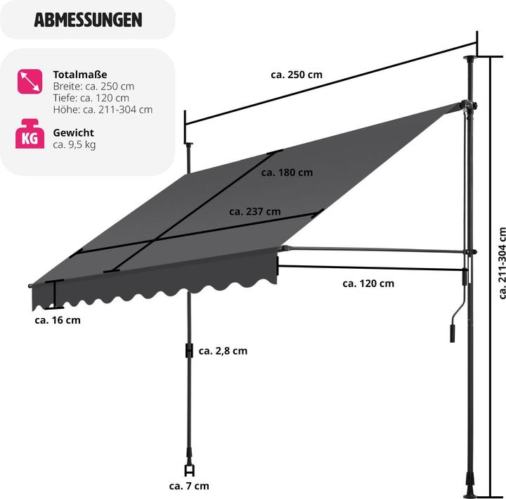Produktbild tectake Klemmmarkise mit Handkurbel, höhenverstellbar (2.50 m)