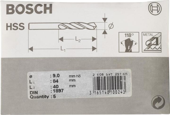 Produktbild Bosch Professional Zubehör Karosseriebohrer HSS-R, DIN 1897, 9 x 40 x 84 mm, 5er-Pack (9 mm)