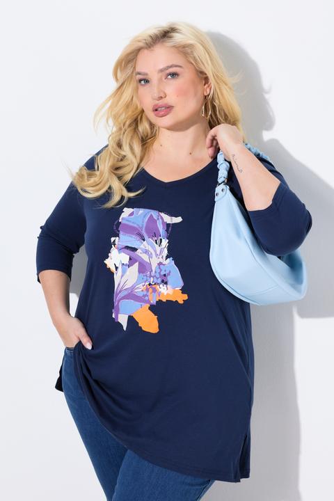 Immagine prodotto Ulla Popken maglia lunga, fiori, taglio ad A, scollo a V, manica 3/4 (56)