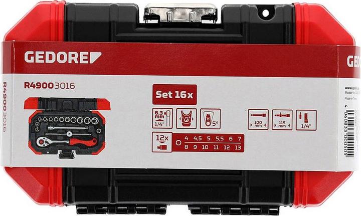 Actual product image Gedore Red red Socket spanner set, 16-piece, With reversible ratchet, ratchet, socket spanner, 1/4"