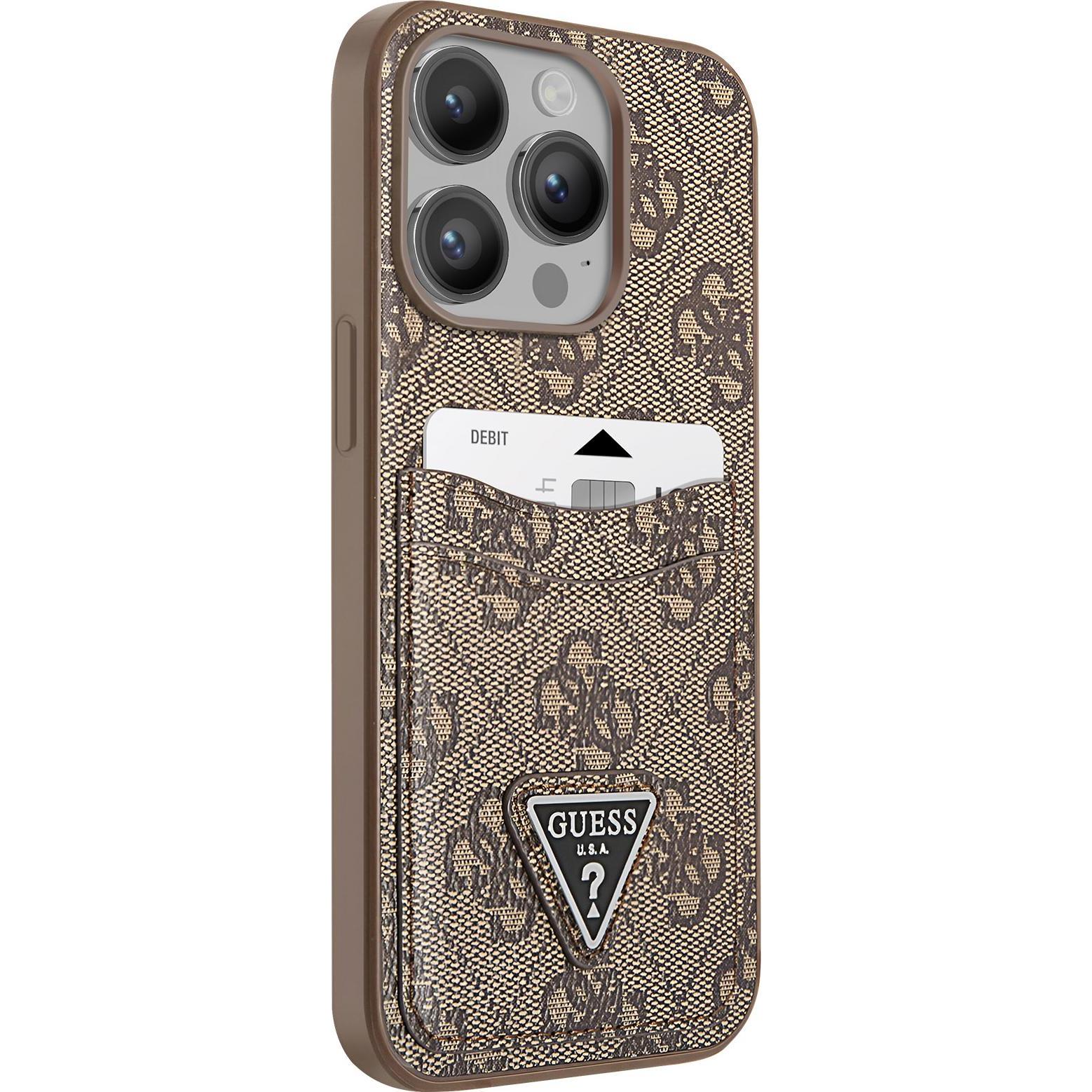 Guess Hülle PU 4G Kartenhalter, Braun Series (Apple iPhone 14 Pro), Smartphone Hülle, Braun