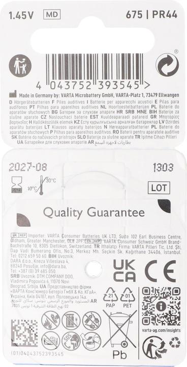Immagine prodotto Varta Batterie per apparecchi acustici tipo 675 1,45V (confezione da 6) (6 pz., 675, 640 mAh)