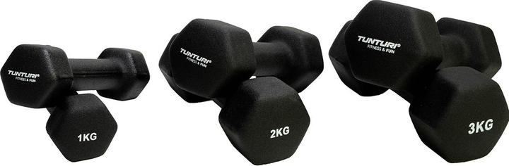 Produktbild Tunturi Neopren Kurzhantelset mit Ständer (2 x 1 kg, 2 x 2 kg, 2 x 3 kg)