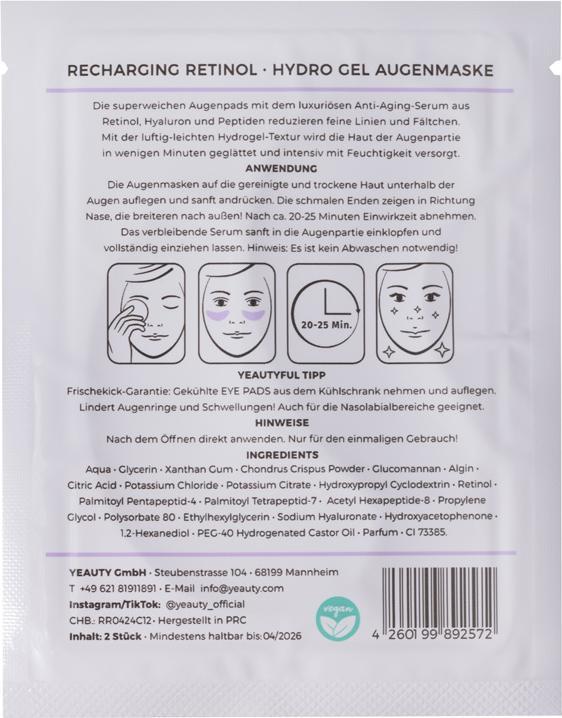 Nutritional values and ingredients Yeauty Recharging Retinol (Patches, Day + Night)