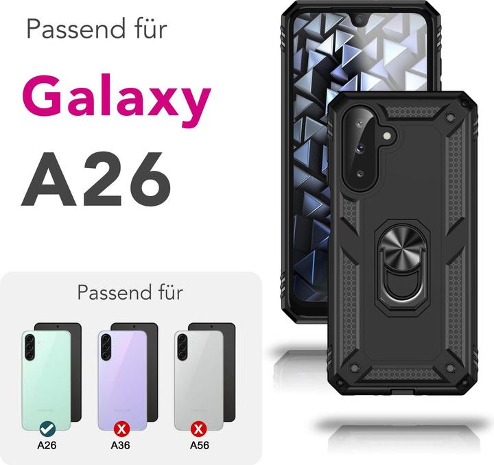 Produktbild Nalia RingDefend - Schwarze Panzerhülle mit 360-Grad Finger-Halter & Ständer - Military Style Cover (Samsung Galaxy A26)