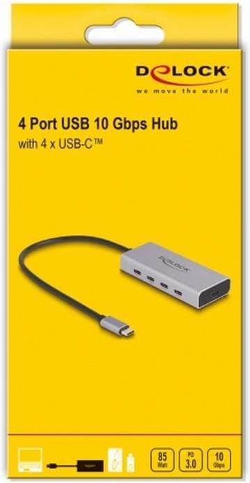Produktbild Delock USB 10 Gbps USB Type-C™ Hub mit 4 x USB Type-C™ Buchse + 1 x USB Type-C™ PD 85 Watt mit 30 cm Ansch (USB-C, 5 Ports)