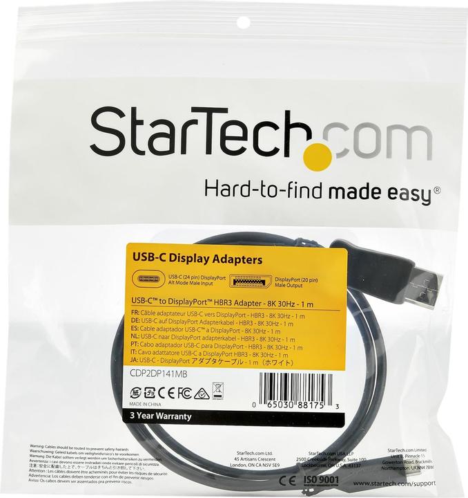 Produktbild StarTech .com 1 m USB-C auf DisplayPort-Adapterkabel (0.20 m, DisplayPort, 1.4)