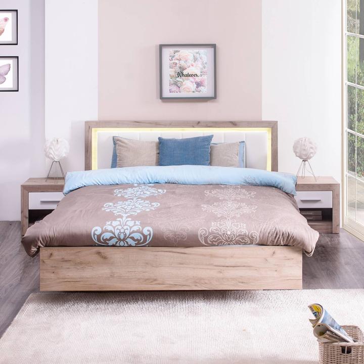 Produktbild Floki24 Doppelbett Holzbett Polsterbett Ehebett Bettrahmen mit Lattenrost Eiche Grau Kunstleder - Weiss, 160 (160 x 200 cm)