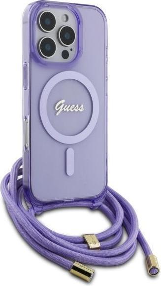 Actual product image Guess GUHMP16LHCTSGNSU iPhone 16 Pro 6.3" fioletowy/purple hardcase Crossbody Cord Script MagSa