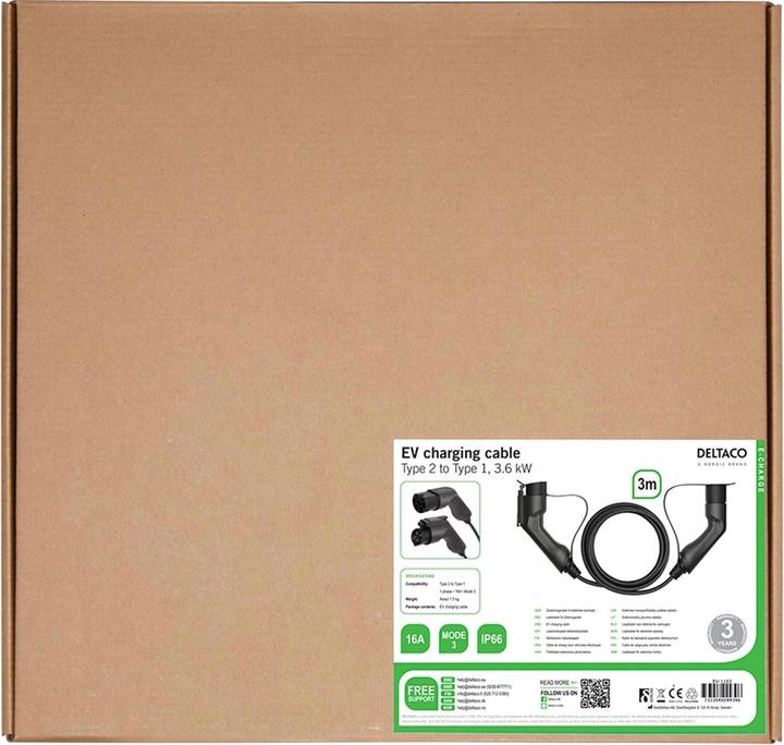 Produktbild Deltaco Typ 2 auf Typ 1 Kabel (Typ 1, 3.60 kW, 16 A, 3 m)