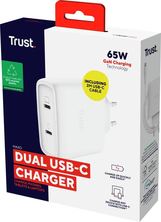 Productafbeelding Trust MAXO 65W 2P USB-C GAN CHARGER W (65 W, 2 ports)