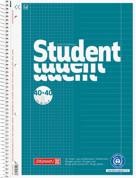 Brunnen Collegeblock Student DUO ruled 27 and 28 lined and squared DIN A4 inside and outside margins (A4, Checked, Lined)