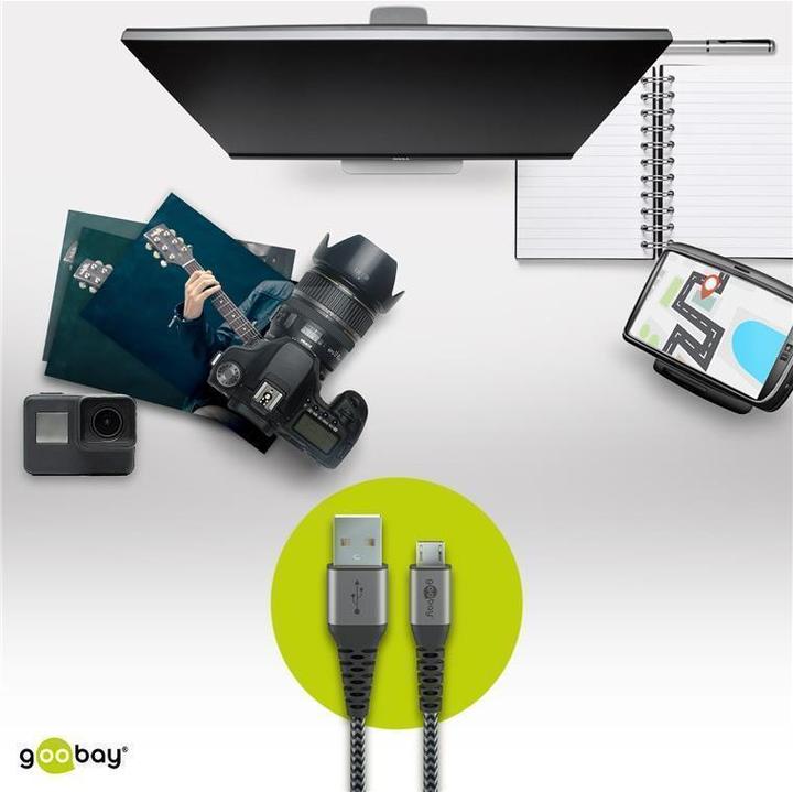 Immagine prodotto Goobay Cavo tessile da micro USB a USB-A con spine in metallo (grigio spazio/argento) 2 m, 2 m, nero-grigio (2 m, USB 2.0)